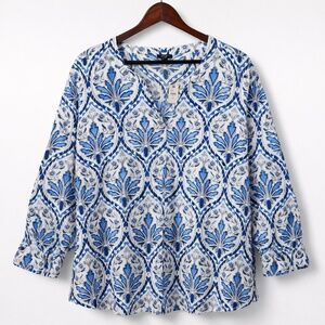 Talbots Blue White Print Popover Top V Neck Long Sleeve Size 3X NWT